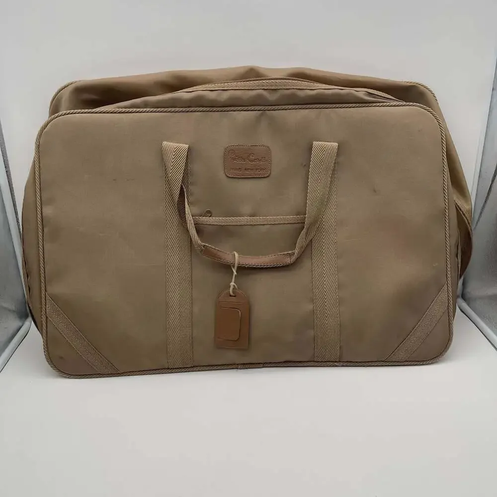 Vintage Pierre Cardin Tan Canvas Travel Bag, Soft-Sided Suitcase with Leather Tr
